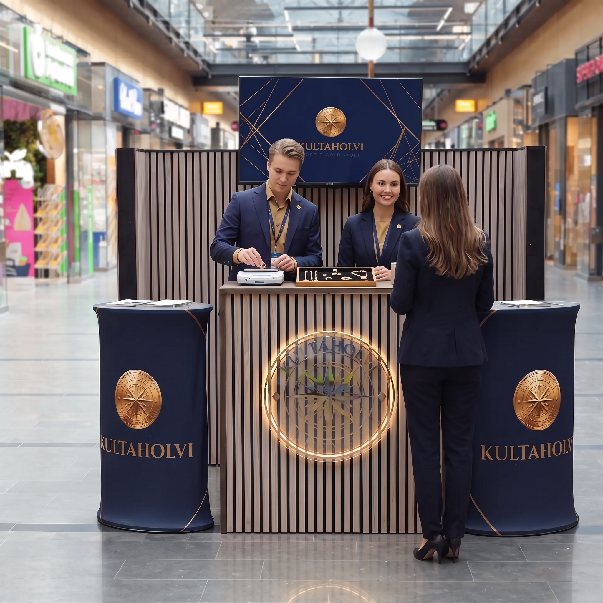 Asiantuntijamme Kultaholvin pisteellä suomalaisessa kauppakeskuksessa.